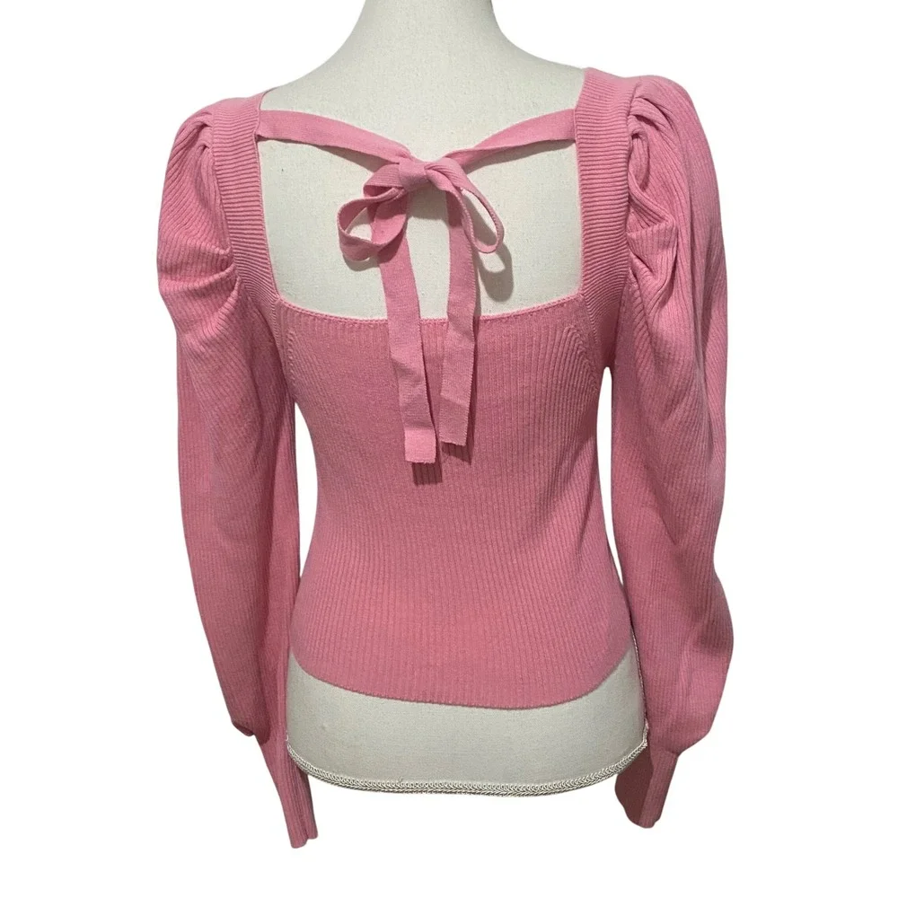Pink Bow Crop‎ Sweater S Balletcore Soft Girl Romantic Square Neck Puff Sleeve